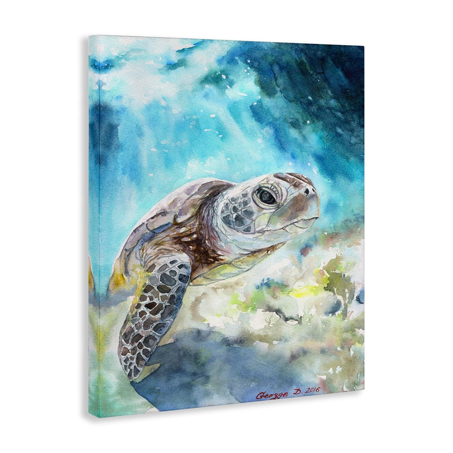 Stupell Industries Sea Turtle Ocean Animal Blue Watercolor Painting Canvas Wall Art by George Dyachenko
