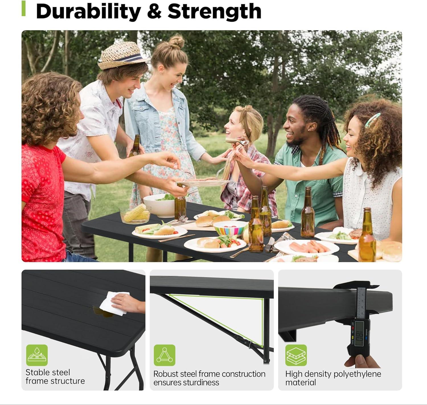 Real Relax 6FT Folding Table, Portable Picnic Table, with Handle and Lock for Indoor, Outdoor, Camping, Party, Banquet, Backyard Events, Black Wood Grain