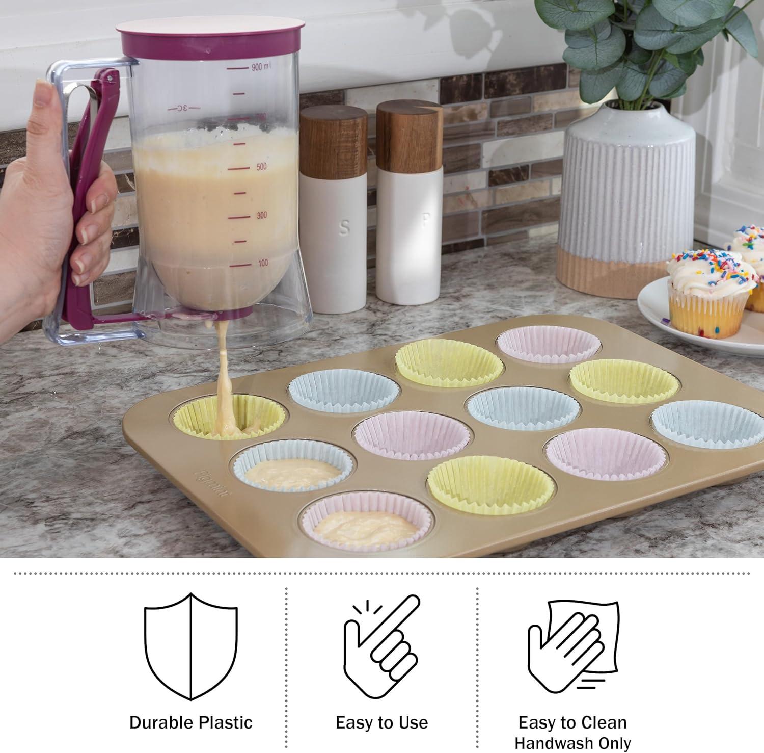 Purple 4-Cup Plastic Pancake Batter Dispenser with Squeeze Handle