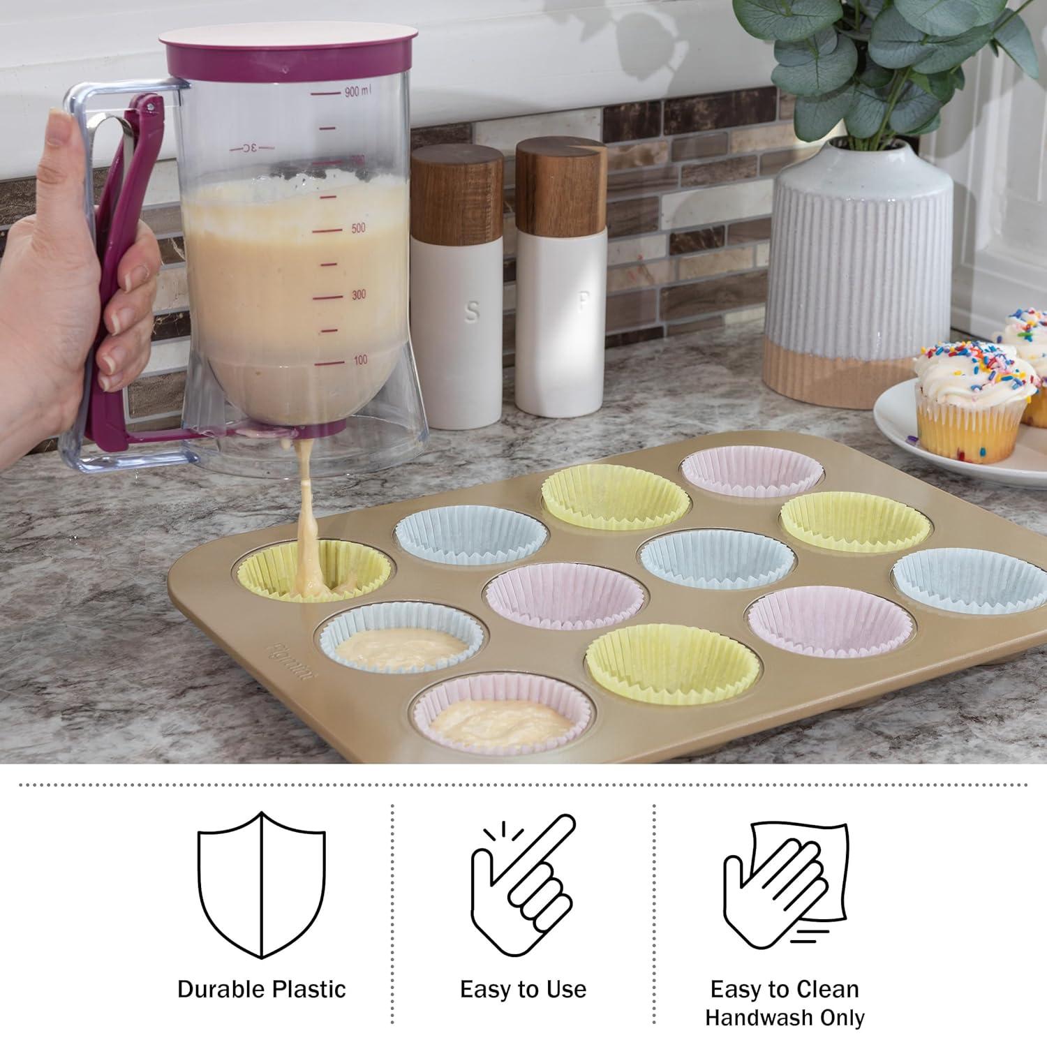 Chef Buddy Pancake Batter Dispenser - 4-Cup Batter Dispenser with Squeeze Handle for Pancakes, Waffles, Muffins, and Crepes - Baking Tools by Chef Buddy