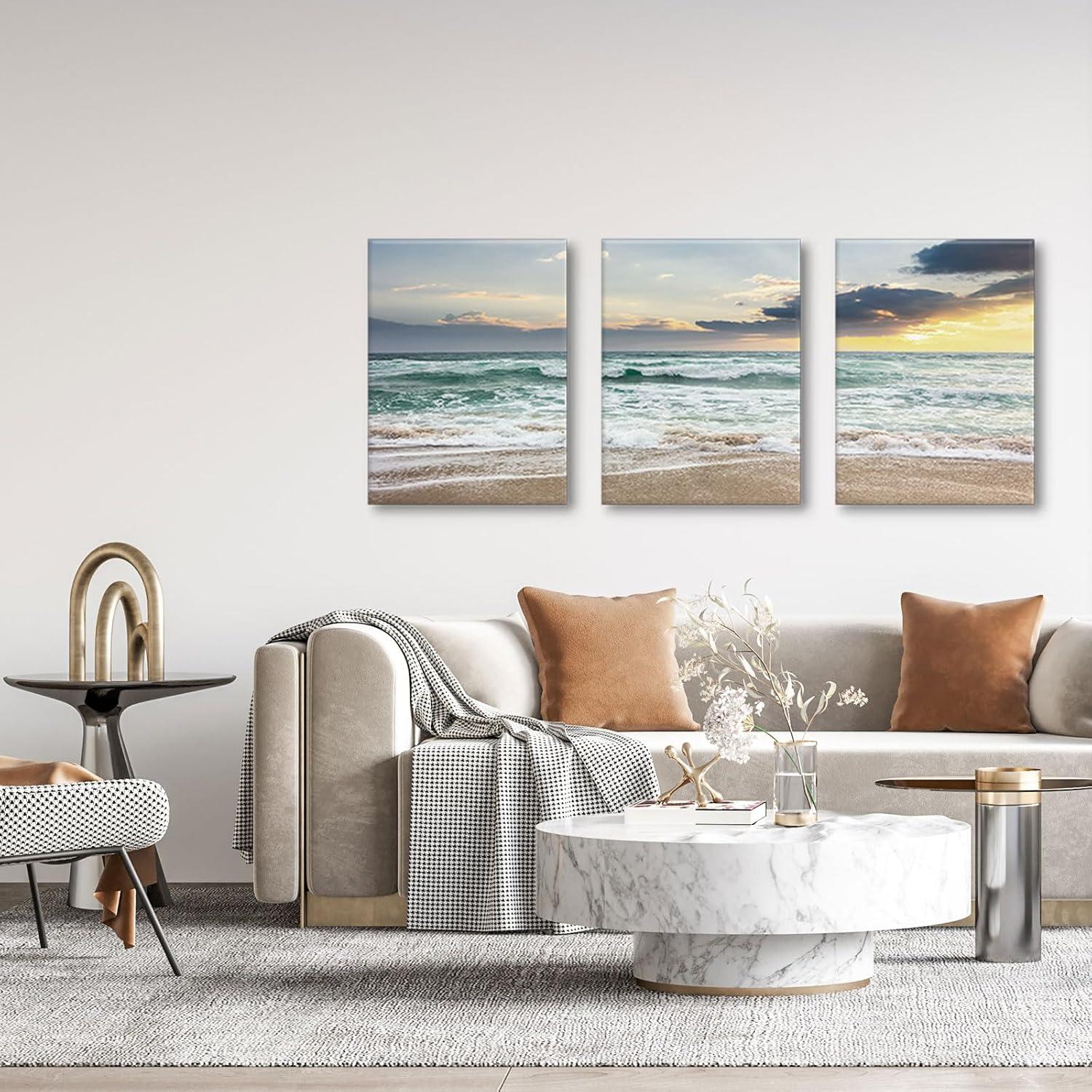 Asdg12s-3 Panel Wall Art Blue Sea Sunset White Beach Painting The Picture Print On Canvas Seascape The Pictures for Home Decor Decoration,Ready to Hang