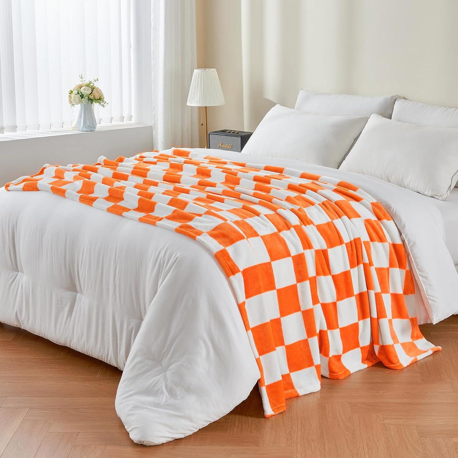 Checkered Throw Blanket for Couch and Bed, Luxurious Fleece Blanket with Checkerboard Grid Home Decor, Soft Cozy Orange and White Warm Blankets for Spring, 50"x60"