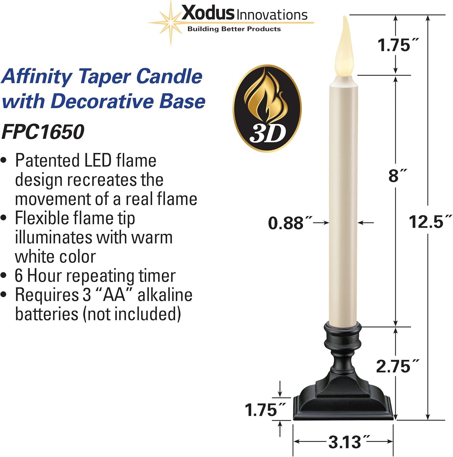Xodus Innovations FPC1650-4 Battery Operated Flameless 12-Inch Taper Candle with Base, 3D Warm White Flickering Flame, 6-Hour Automatic Timer, Pack of 4
