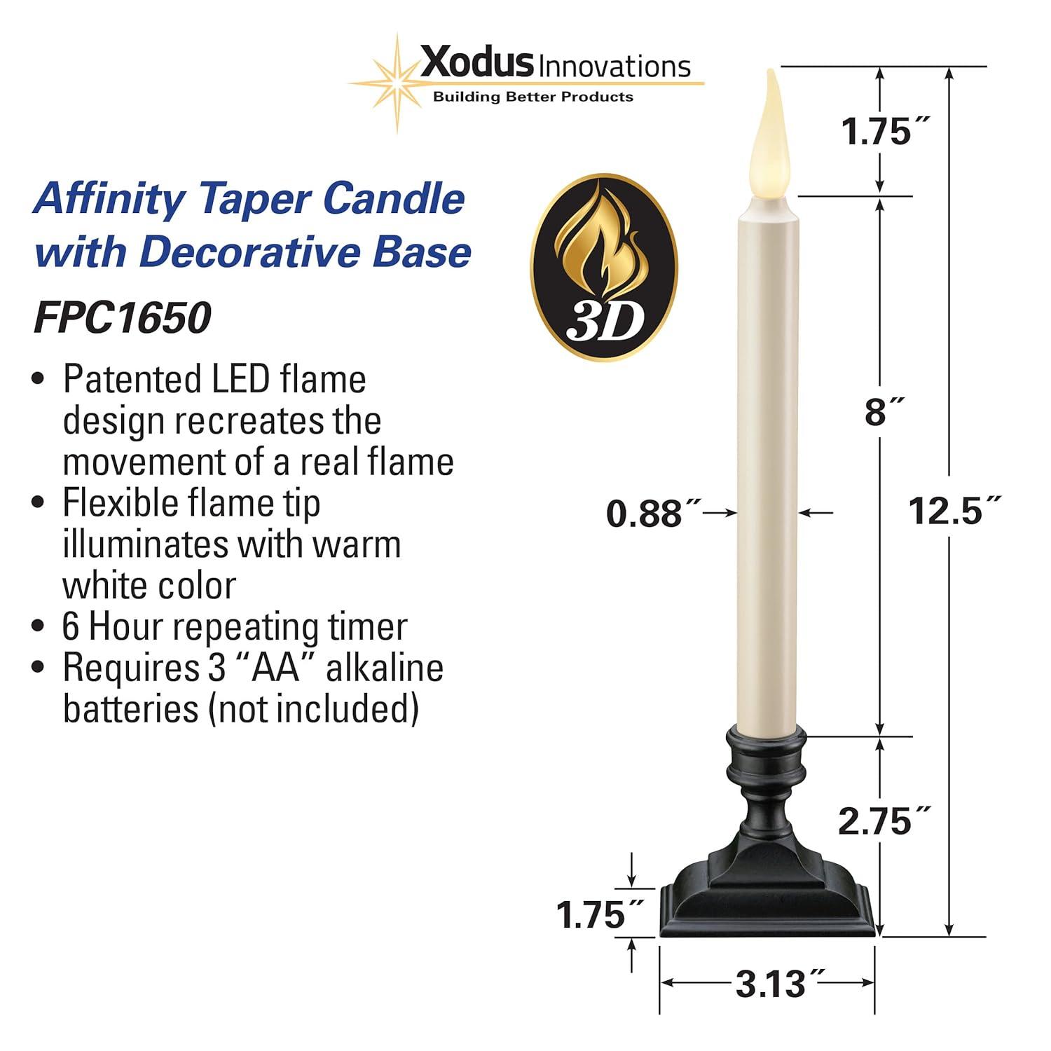 Xodus Innovations FPC1650-4 Battery Operated Flameless 12-Inch Taper Candle with Base, 3D Warm White Flickering Flame, 6-Hour Automatic Timer, Pack of 4
