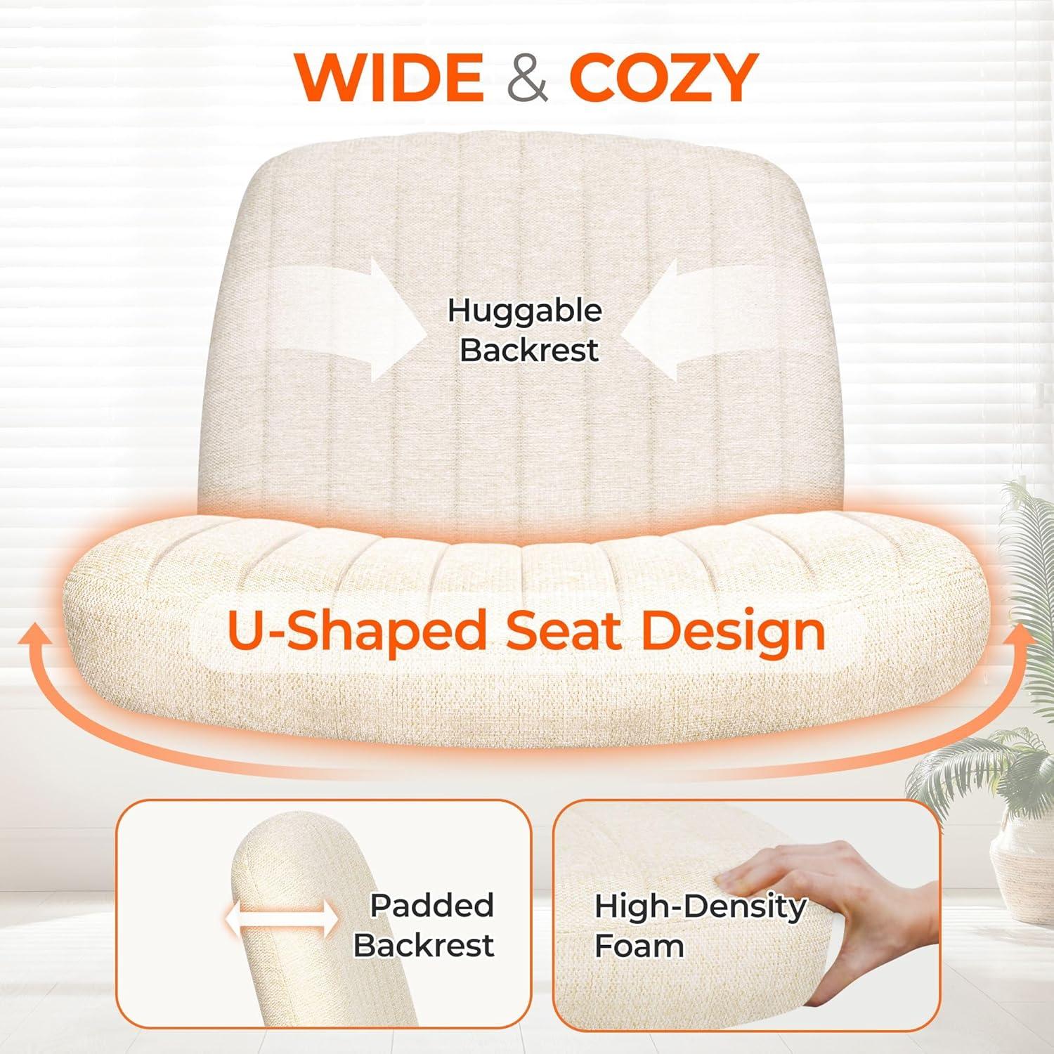 Orange Factory Beige Office Chair, Armless Criss Cross Legged Chair with Wheels, Comfy Home Office Desk Chairs, Adjustable Swivel Padded Fabric Vanity Task Computer Chair