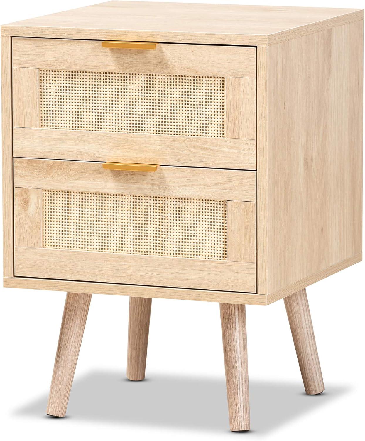 Baird Wood and Rattan 2 Drawer Nightstand Brown - Baxton Studio: Bohemian Style, Gold Tone Handles