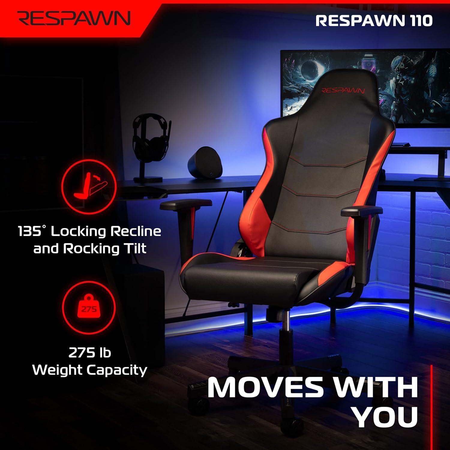 RESPAWN 110 Gaming Chair - Gamer Chair PC Computer Chair, Ergonomic Gaming Chairs, Office Chair with Integrated Headrest, Gaming Chair for Adults 135 Degree Recline with Angle Lock
