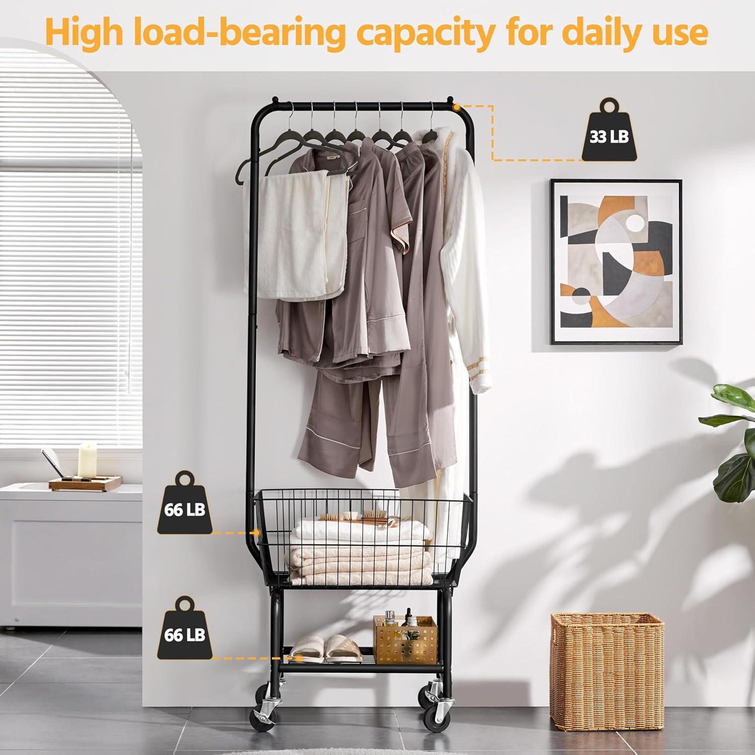 Laundry Cart with Wheels and Hanging Rack, Garment Rack with Storage Shelves and Coat/Hat Hanging Hooks, Rolling Laundry Basket for Laundry Bedroom Hallway, Black