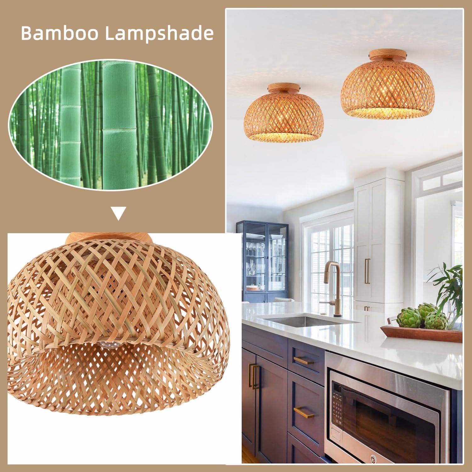Bay Isle Home™ Bamboo Ceiling Light Fixtures, Hand-Woven Boho Flush Mount Ceiling Light, Handmade Ceiling Mount With Natural Bamboo Shade, Farmhouse Light Fixture