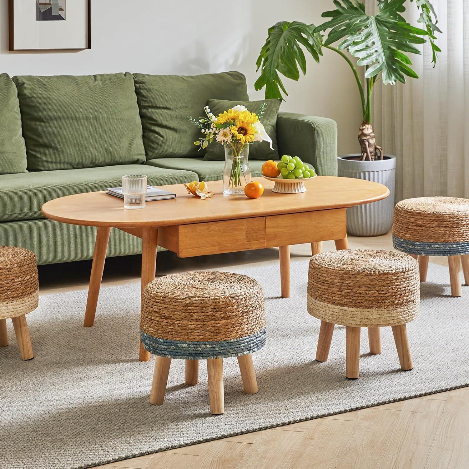 YMYNY Foot Stool Natural Seagrass Hand Weave, 12.6" Small Ottoman, Round Footrest for Living Room, Bedroom, Entryway, Change Shoes Stool, Non-Skid Wood Legs, Boho, Blue+White UHBD027QW