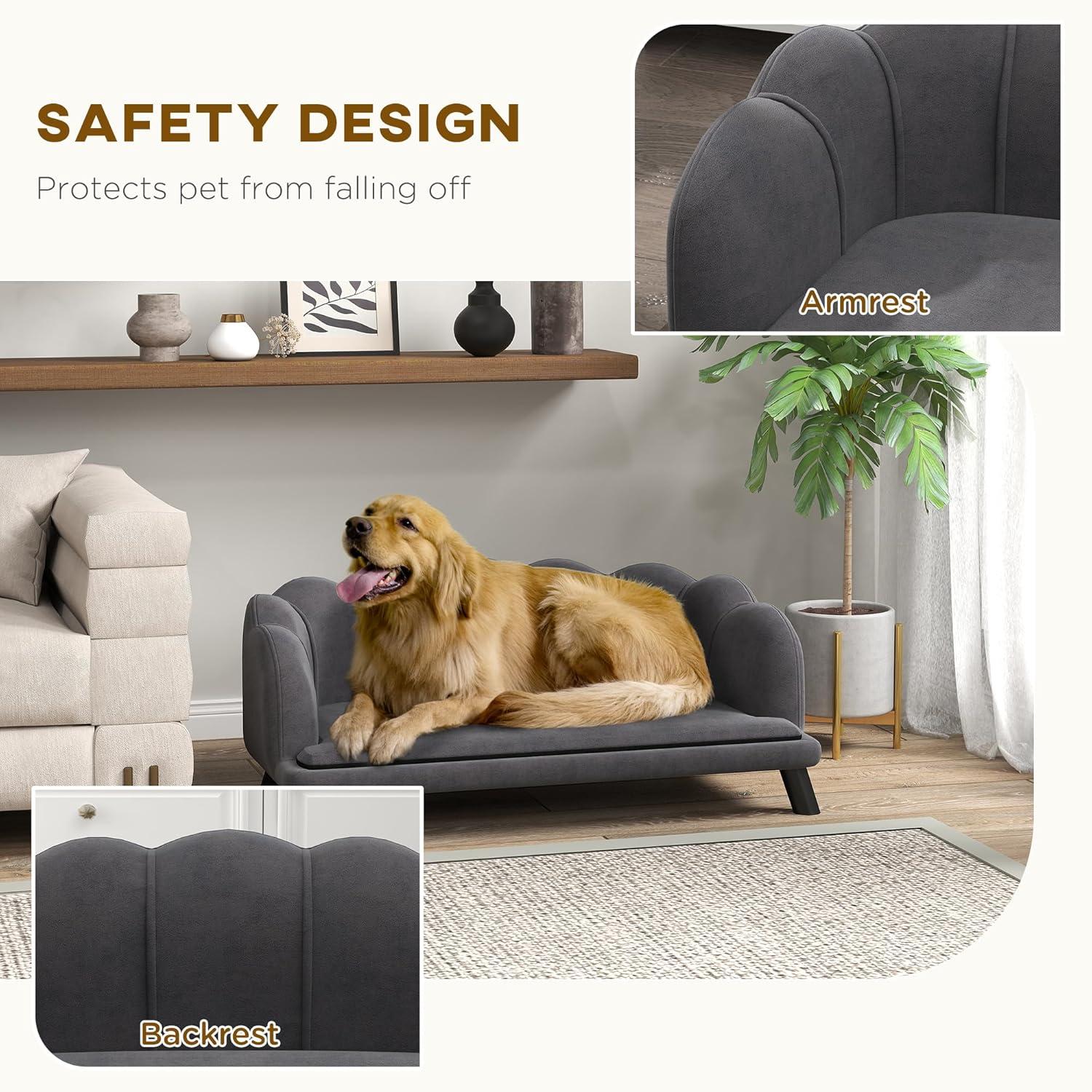 Charcoal Gray Velvet Large Dog Sofa with Birch Wood Legs