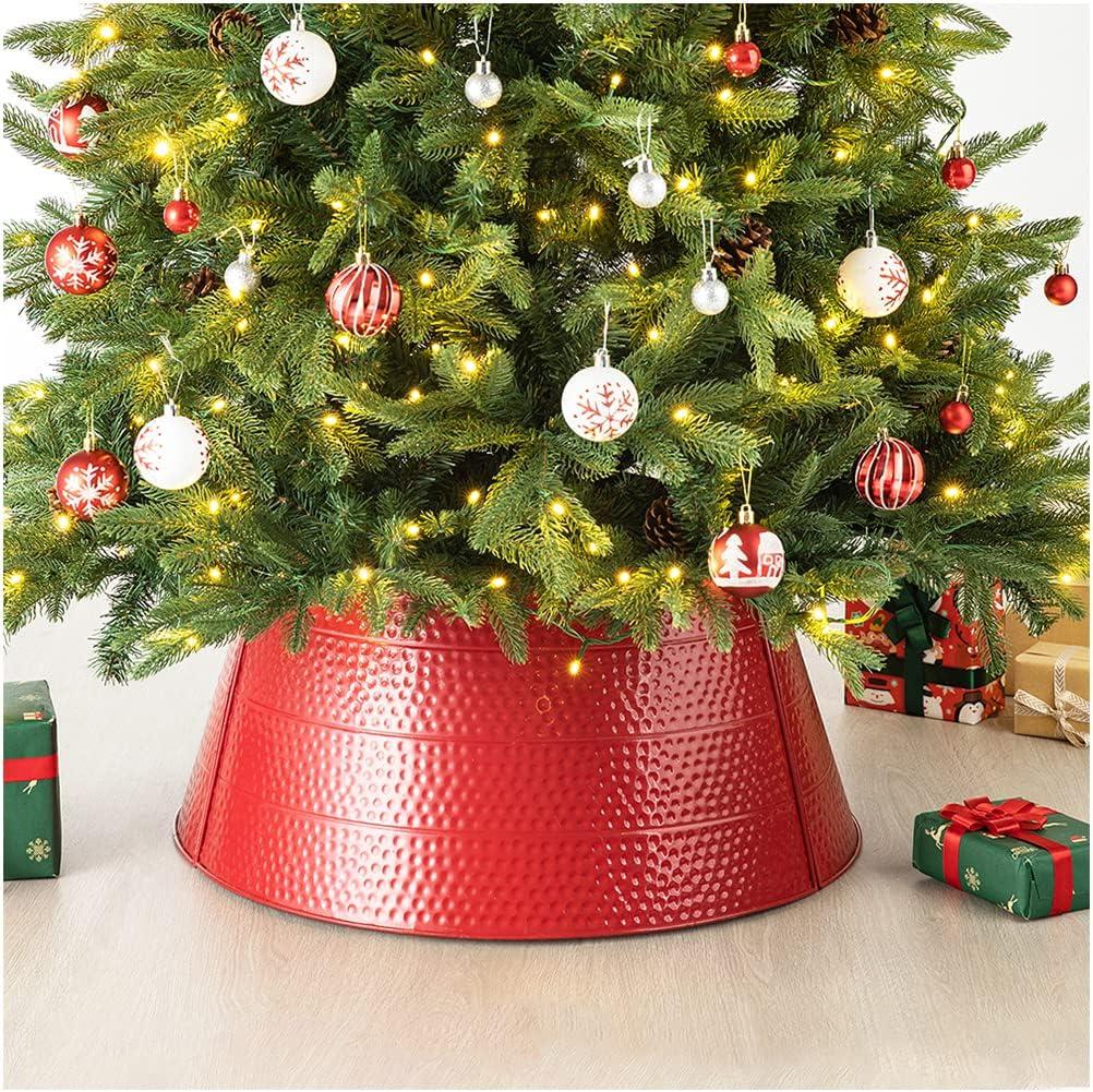 Red Hammered Metal Christmas Tree Collar, 26 Inch