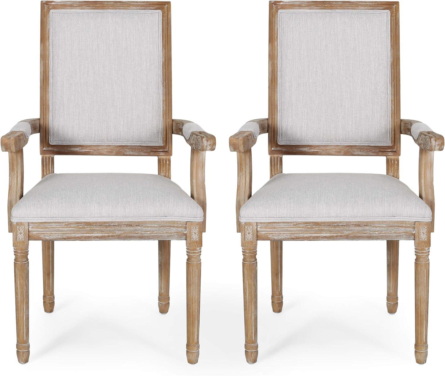 Light Gray Upholstered French Country Arm Chairs with Natural Wood Frame