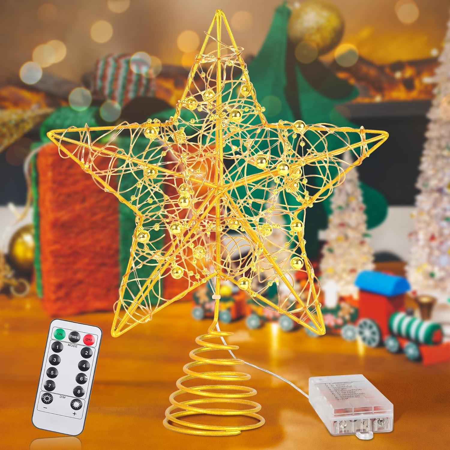 Gold LED Metal Star Christmas Tree Topper with Remote