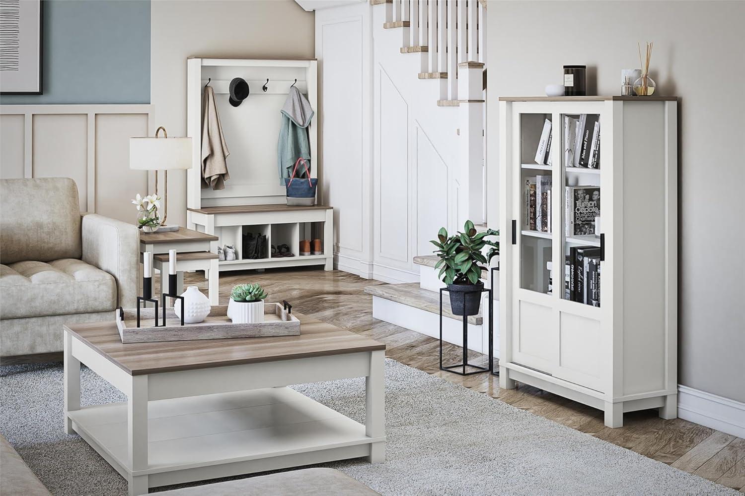 Rustic White and Brown Wood Nesting Tables with Shelf