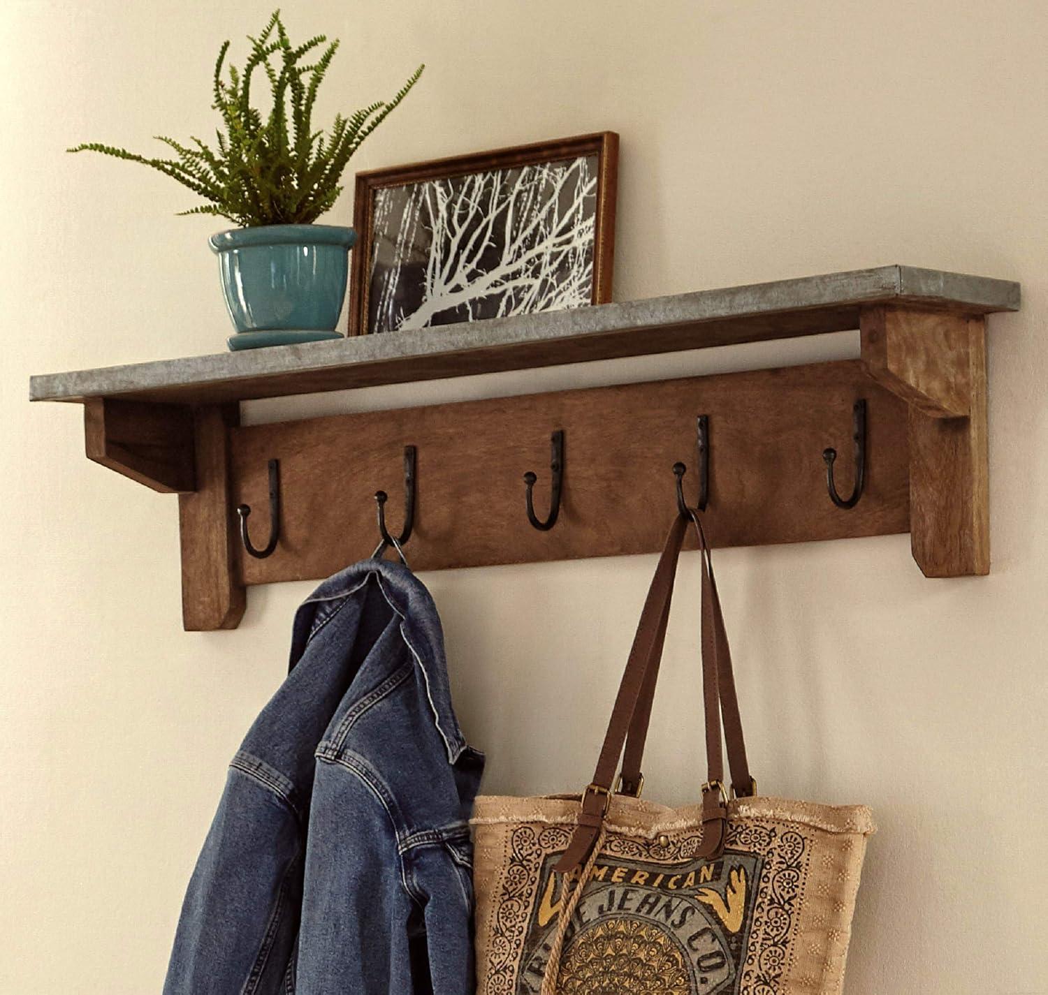 Millwork Hook Shelf Wood and Zinc Metal Silver/Light Amber - Alaterre Furniture: Galvanized Finish, 5 Hooks, Wall Mounted