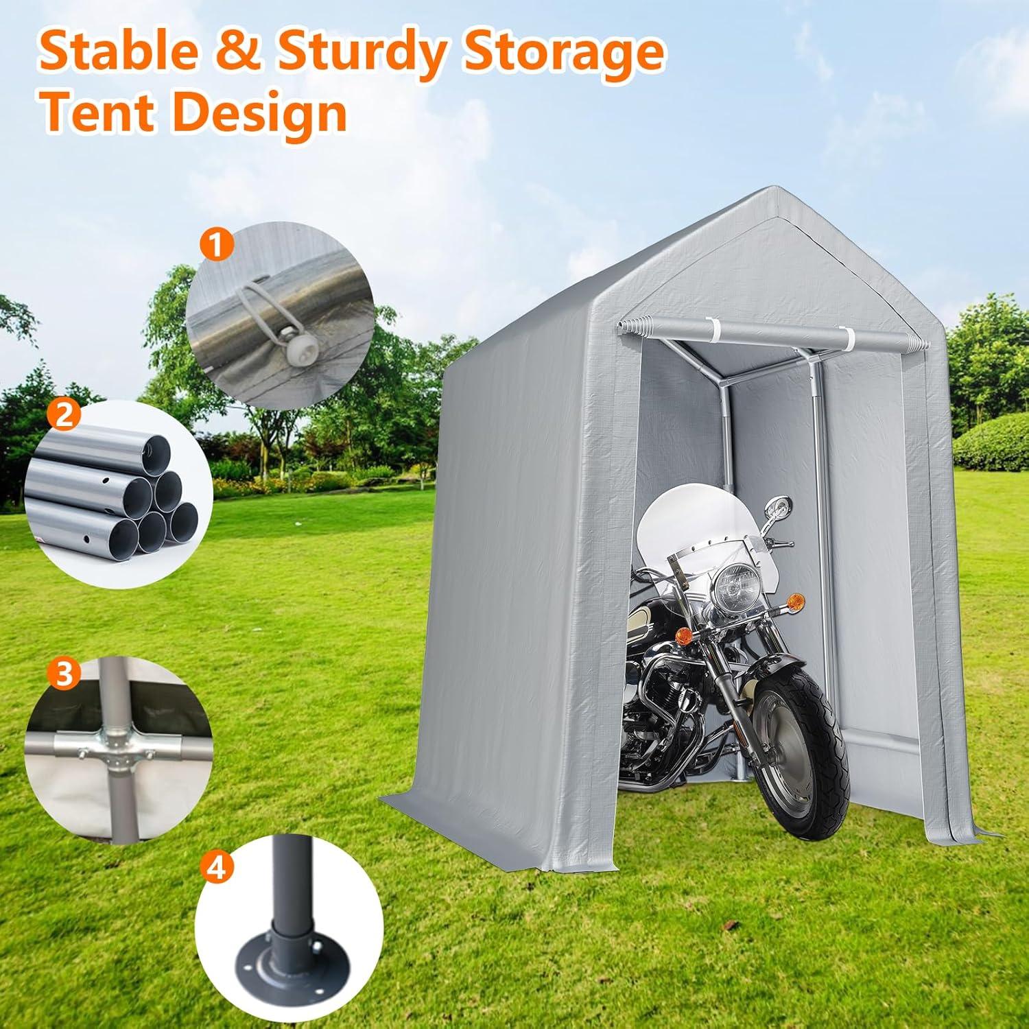 Soonbuy 6" x 8"Outdoor Storage Shelter Shed- Heavy Duty Storage Tent with Roll-up Zipper Door , Portable Garage Storage shed for Bike, Motorcycle Shelter, Gray