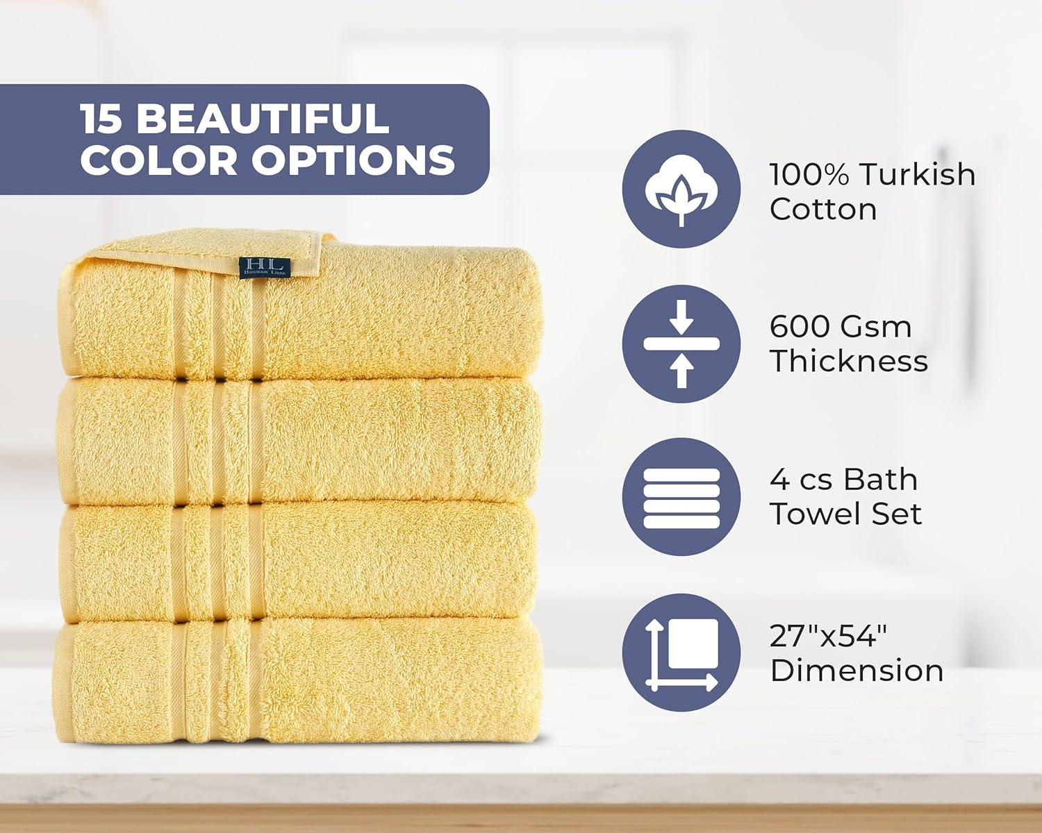 Hawmam Linen Yellow Bath Towels 4 Pack 27 x 54 Inches 100% Turkish Cotton Soft Lightweight and Highly Absorbent Quick Drying Towels