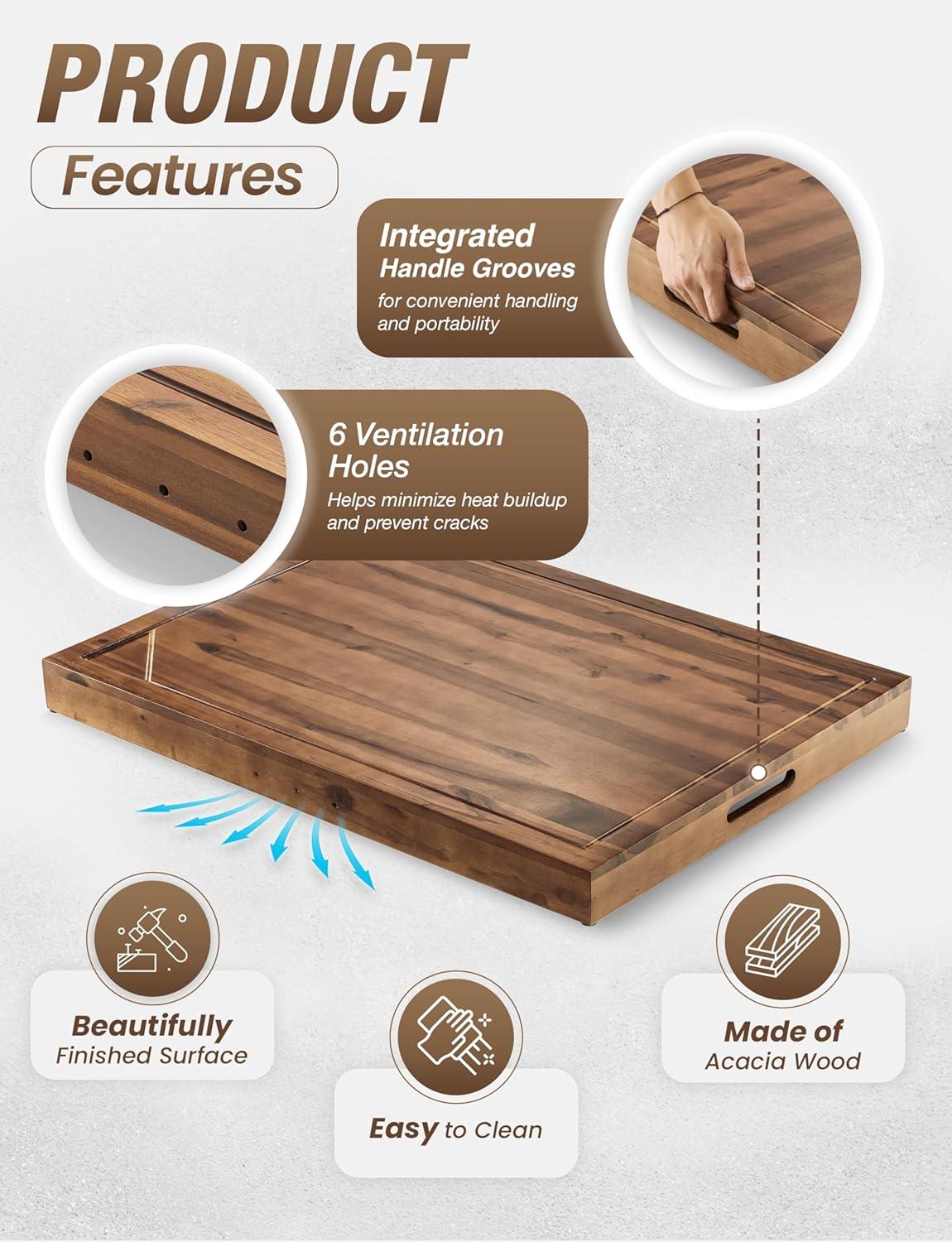 Acacia Wood Stove Top Cover with Metal Handles
