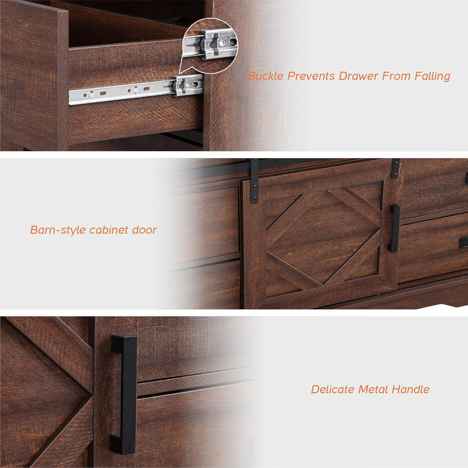 Farmhouse TV Stand for up to 110" TVs with Drawers and Adjustable Shelf for Living Room, Rustic Brown