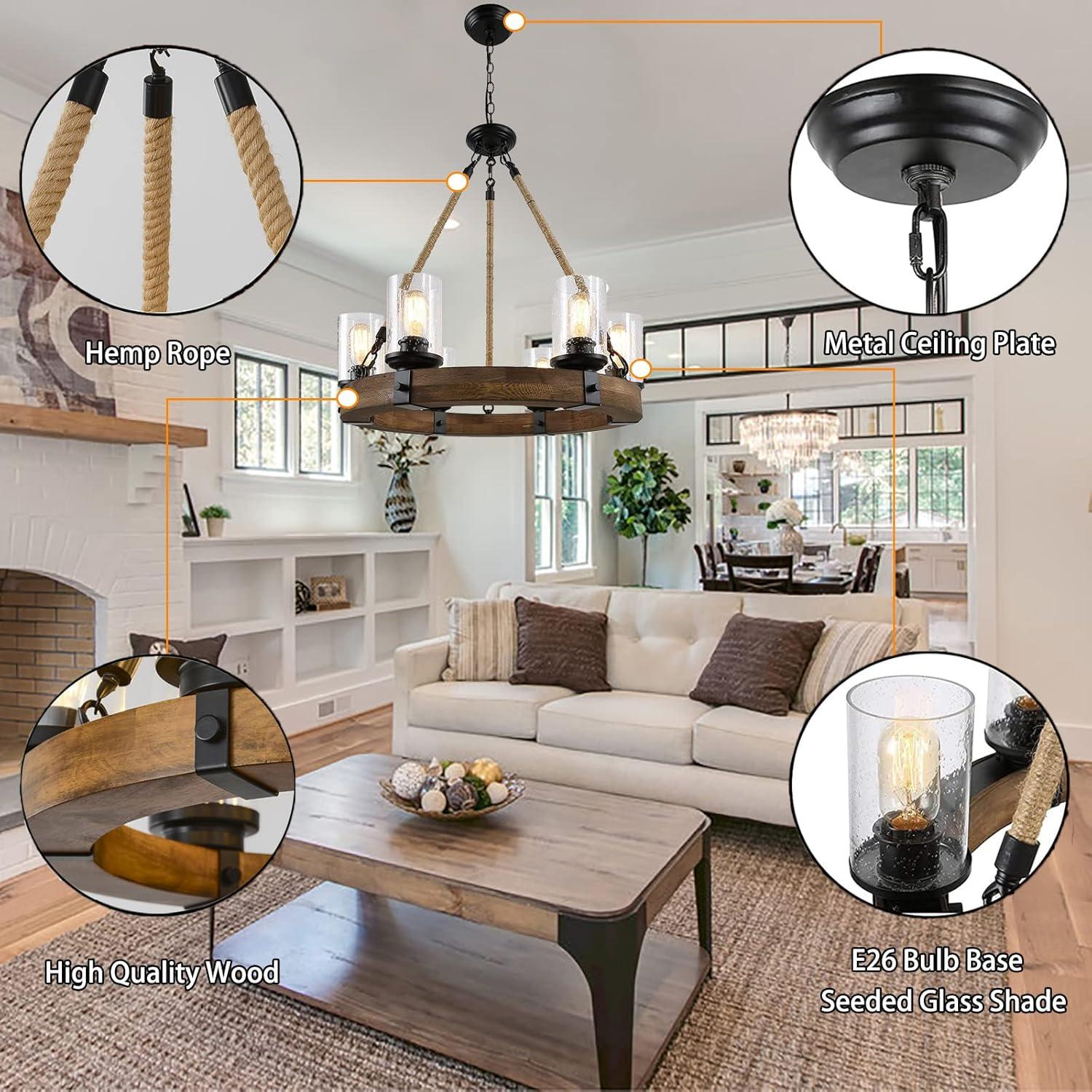 Rustic 6 Light Wagon Wheel Chandelier with Seeded Glass Shade - 24.8in