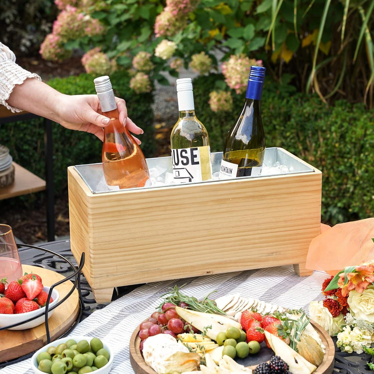 Twine Ice Bucket Wood and Galvanized Metal Tub - Wooden Wine Bucket And Beer Chiller - Holds 4 Wine Bottles or 5.4 Gallons Set of 1, Brown