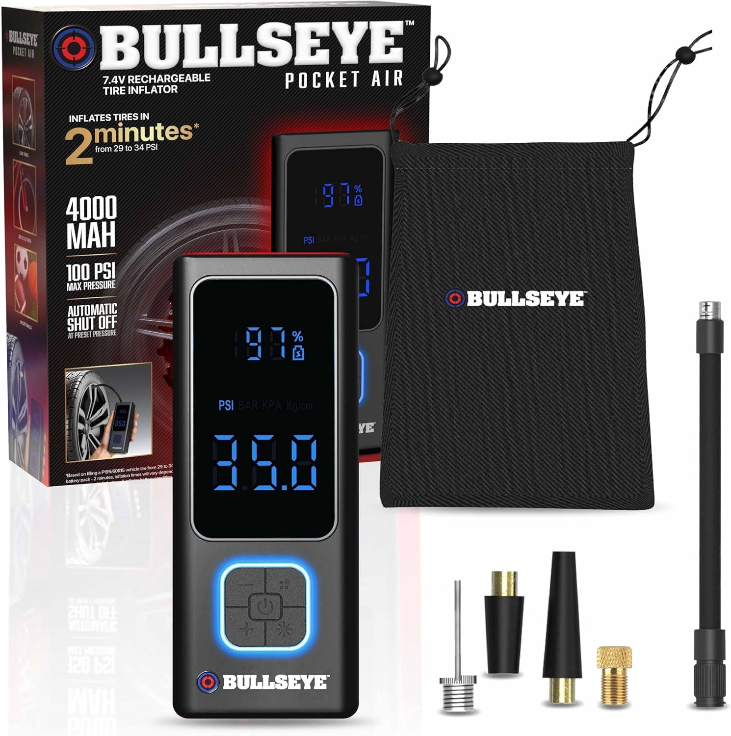 Bullseye Pocket Air Tire Inflator 4000mAH Rechargeable Electric Air Compressor Portable Pump