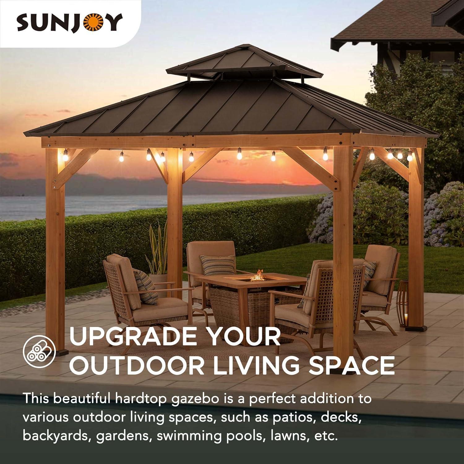 Sunjoy 11 ft. x 11 ft. Black 2-Tier Wooden Frame Hardtop Gazebo with Ceiling Hook