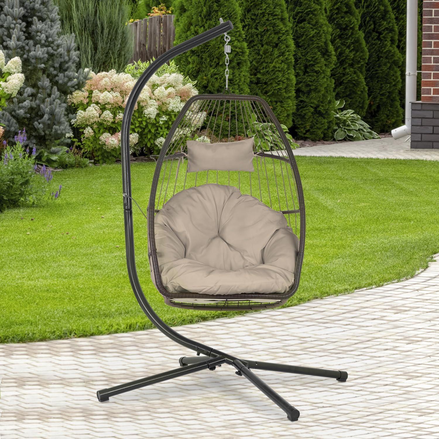 FDW Egg Hanging Chair with Stand Hammock Chair Hanging Patio Swing Chair UV Resistant Cushion for Indoor Bedroom Outdoor Garden Backyard Balcony(Tan)