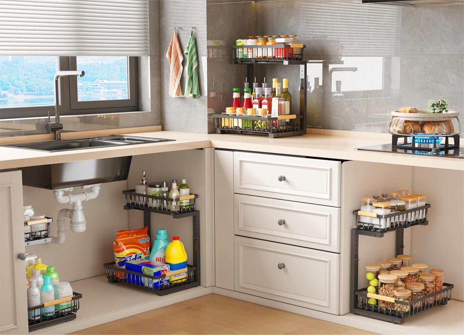 Rebrilliant Under Sink Organizer, 2 Tier Under Sink Organizers And Storage, Metal Slide Out Pull Out Cabinet Organizer ,2 Pack Sliding Drawer Organizer For Kitchen Bathroom Pantry