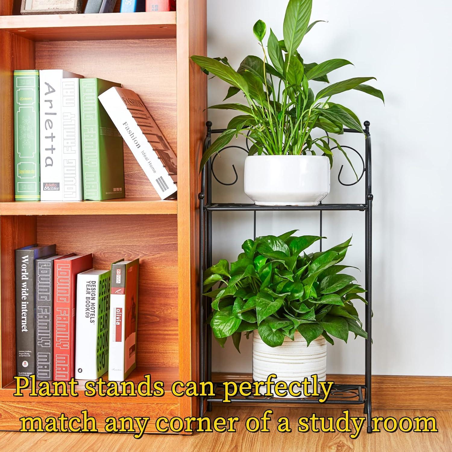 Yolafe Foldable 2 Tier Metal Plant Stand Scrollwork Design Indoor and Outdoor Flower Rack Pot Shelf Home Storage Organizer Shelf, Black