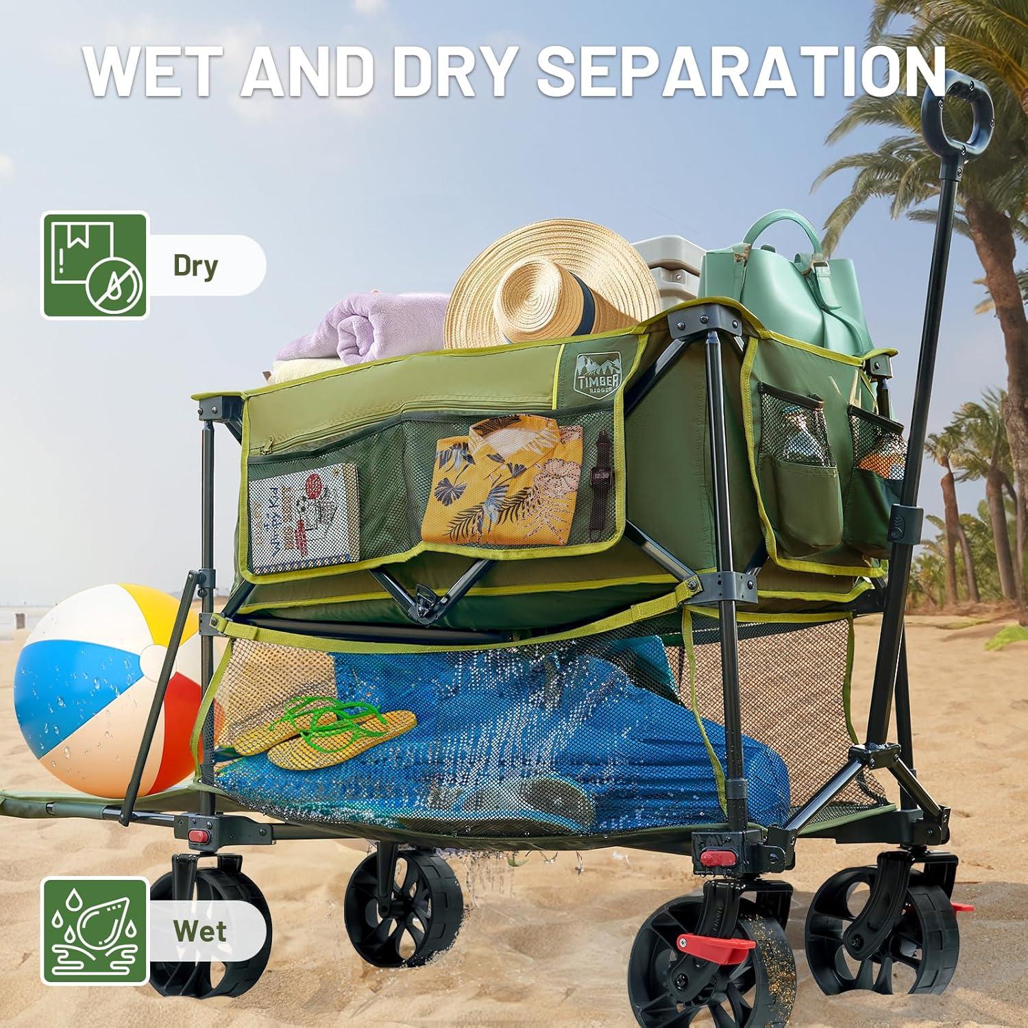 TIMBER RIDGE 400L Large Capacity Folding Double Decker Wagon with Brakes, 54" Extra Long Extender Wagon Cart, 450lbs Heavy Duty Collapsible Cart, All-Terrain Big Wheels for Camping, Sports, Shopping