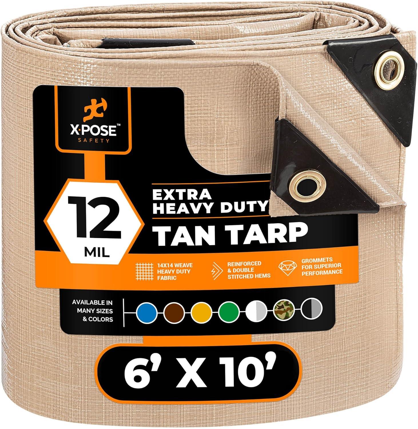 Heavy Duty Tan Poly Tarp 6' X 10' - Multipurpose Protective Cover - Durable, Waterproof, Weather Proof, Rip and Tear Resistant - Extra Thick 12 Mil Polyethylene - by Xpose Safety