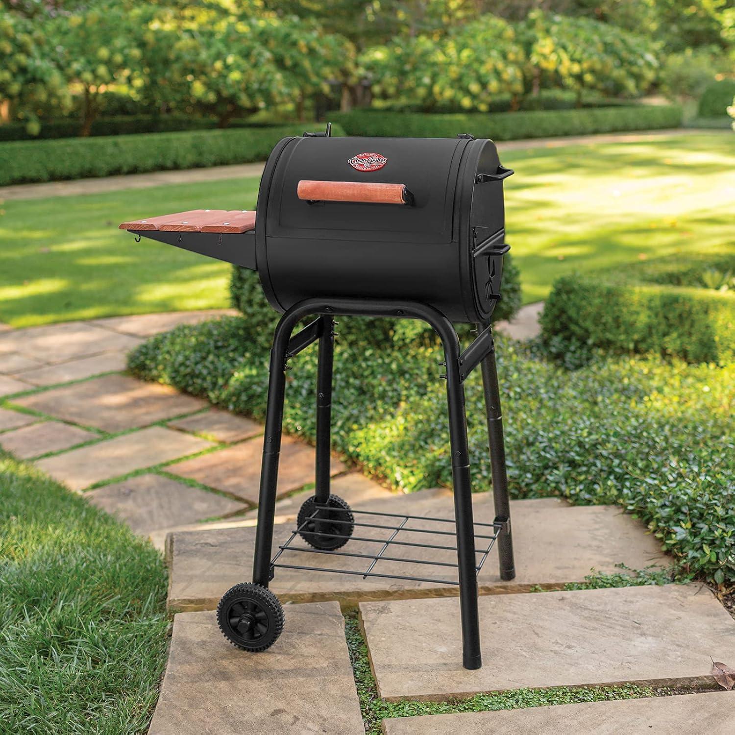 Black Barrel Charcoal Grill with Wood Shelf and Cast Iron Grates