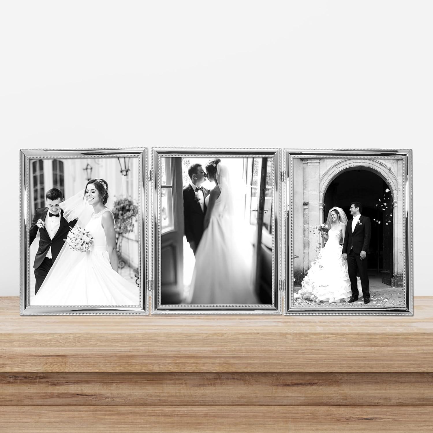 Lawrence Frames Silver Plated Double Bead 8x10 Hinged Triple Picture Frame