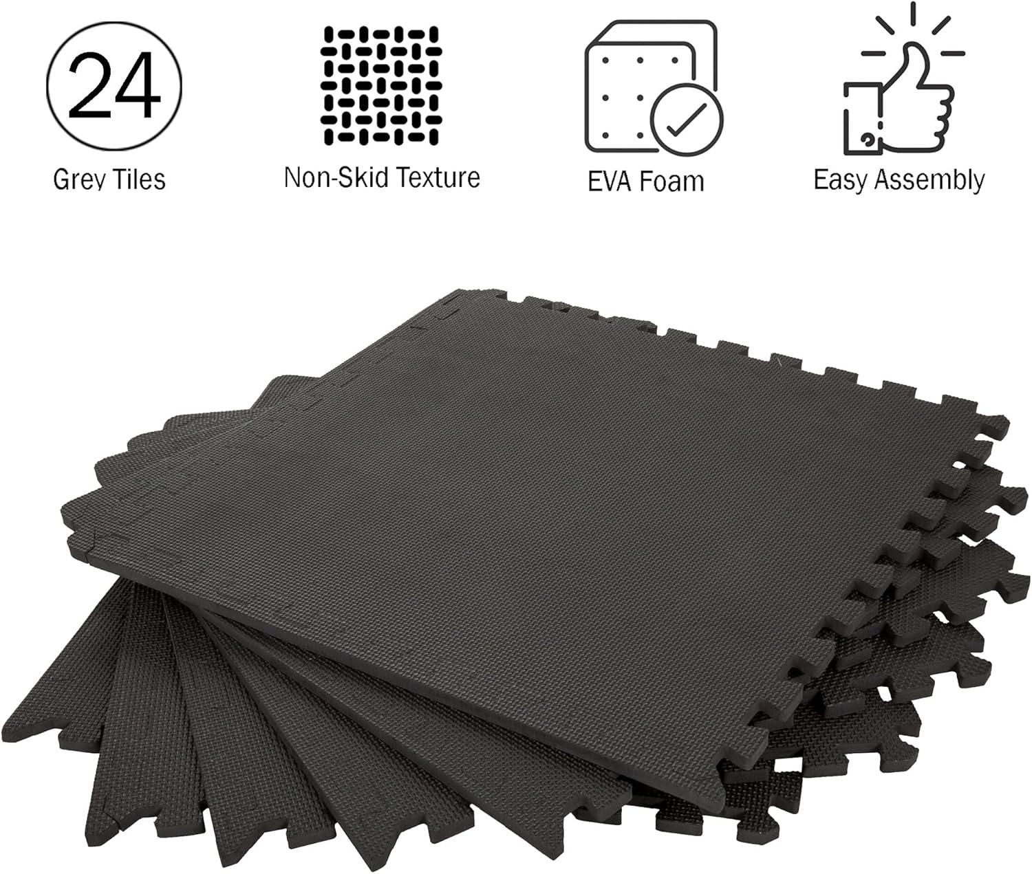 EVA Foam Mat Tiles 24-Pack - 96 SQ FT of Interlocking Padding for Garage, Playroom, or Gym Flooring - Exercise Mat or Baby Playmat by Stalwart (Black)