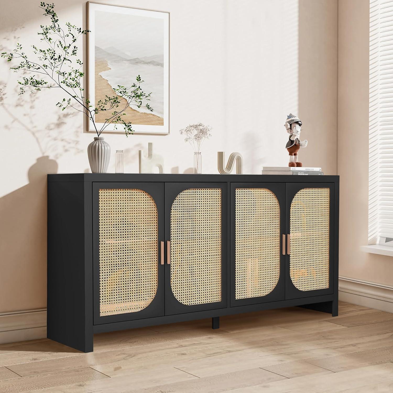 PORKISS Rattan Buffet Sideboard, Credenza Storage Cabinet with 4 Doors and Adjustable Shelve, Accent Cabinet for Dining Room, Kitchen, Living Room, Black