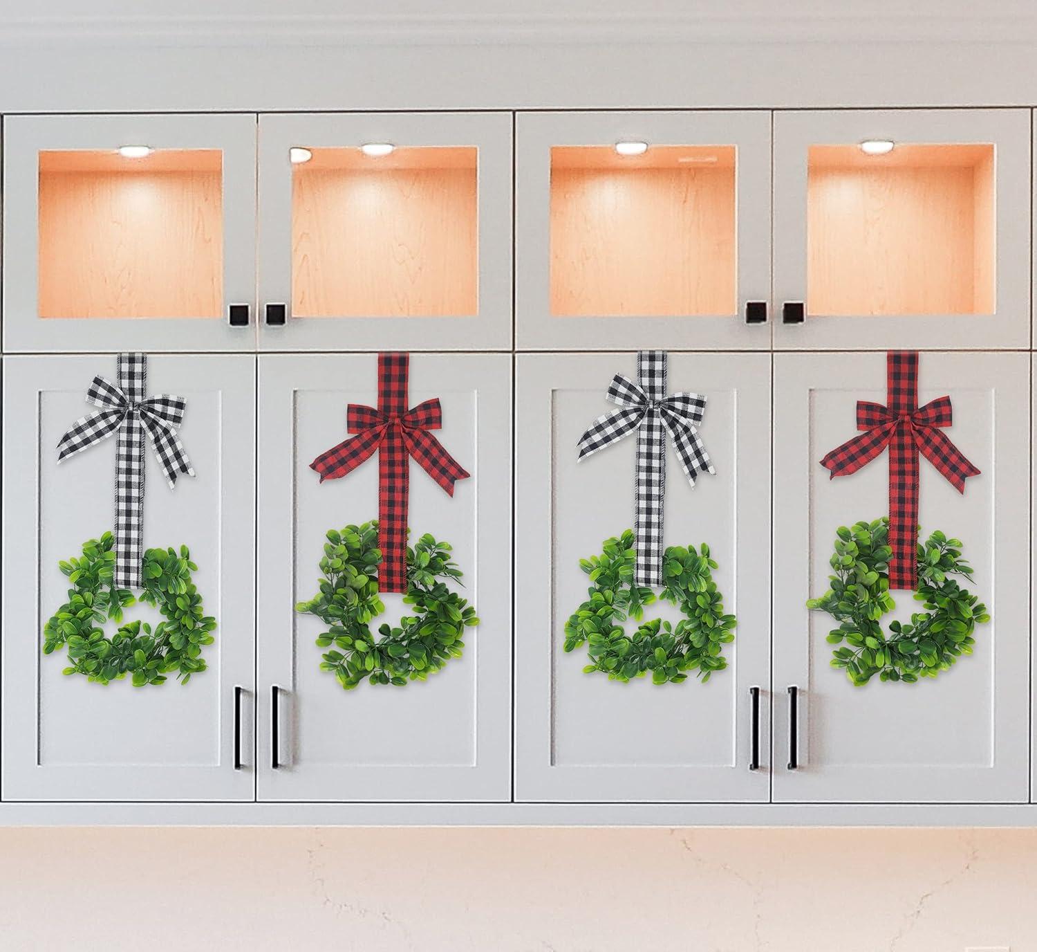 KOVOT Set of 4 Hanging Wreaths with Plaid Ribbon Bow. Christmas Decoration for Cabinets, Behind Chairs, Doors, Railings & Windows - Black & Red