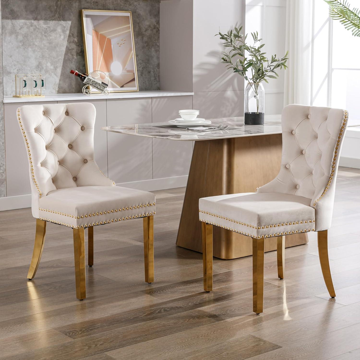 Beige Velvet Upholstered Dining Chairs with Gold Metal Legs, Set of 2