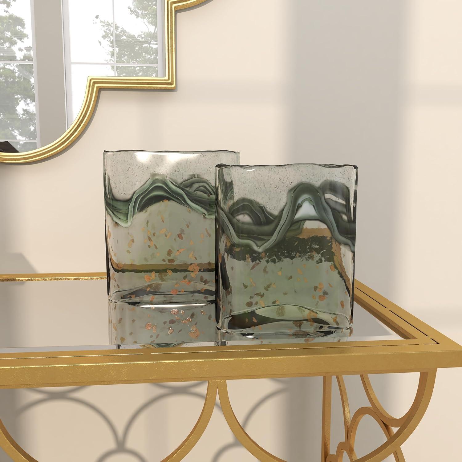 DecMode 9", 8"H Handmade Blown Gray Glass Vase with Speckled Wave Design, Set of 2