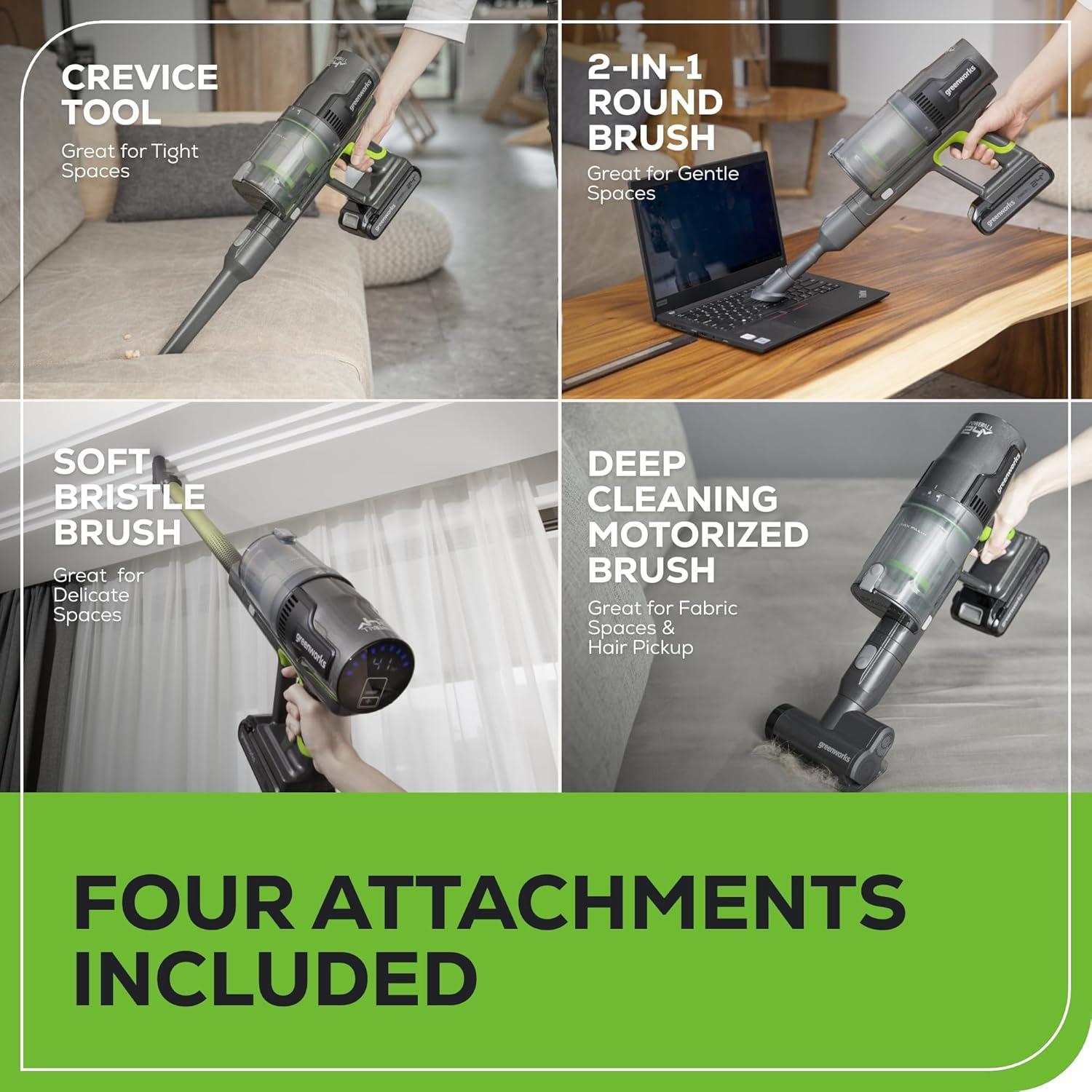 Greenworks 24V Brushless Cordless Stick Vacuum, Lightweight, Handheld, Pet, Anti-Allergen HEPA Filtration, Hard Floor, Carpet, Car, 4Ah Battery, and 30-Minute Charge Time (White)