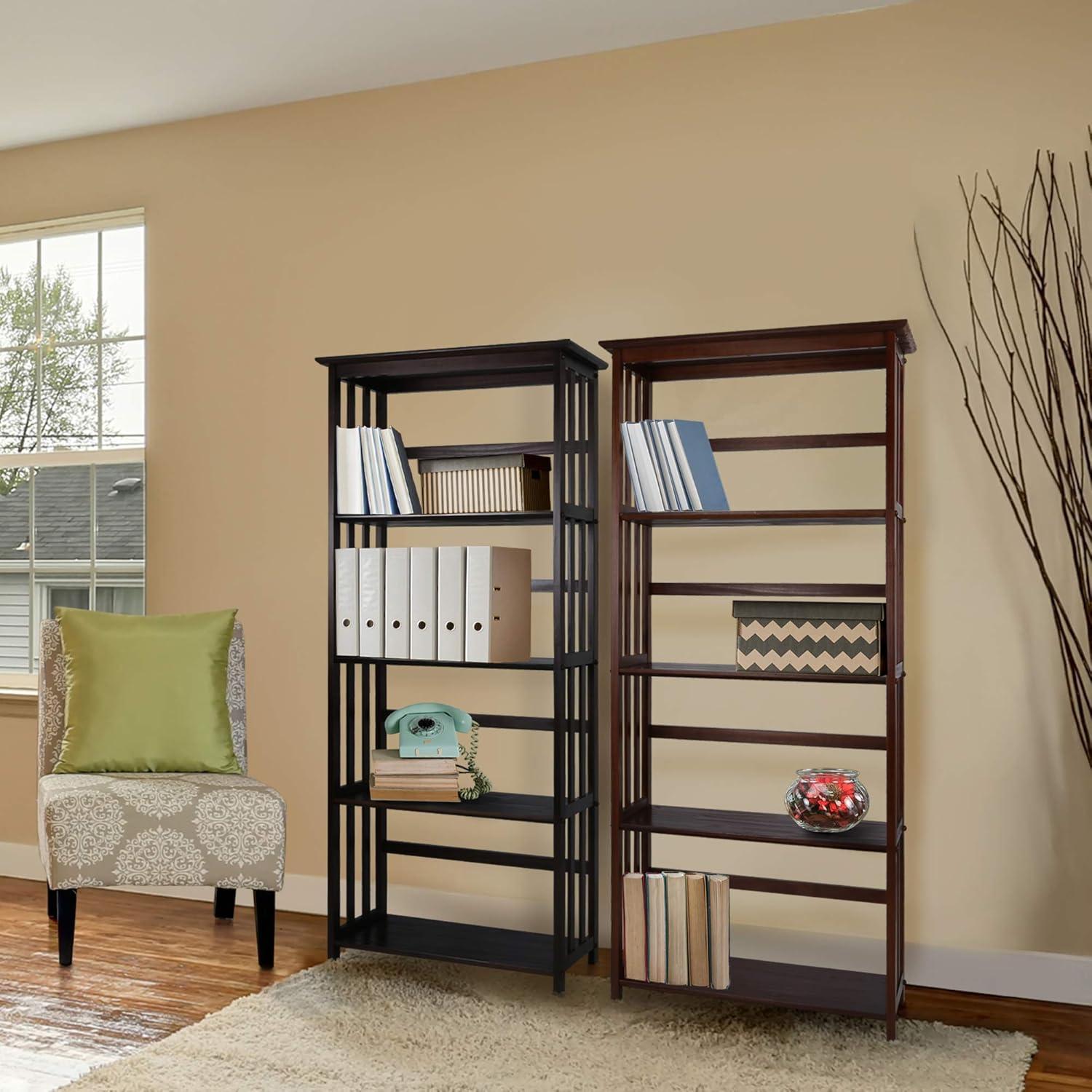 Mission Style Solid Walnut 5-Shelf Bookcase in Dark Stain