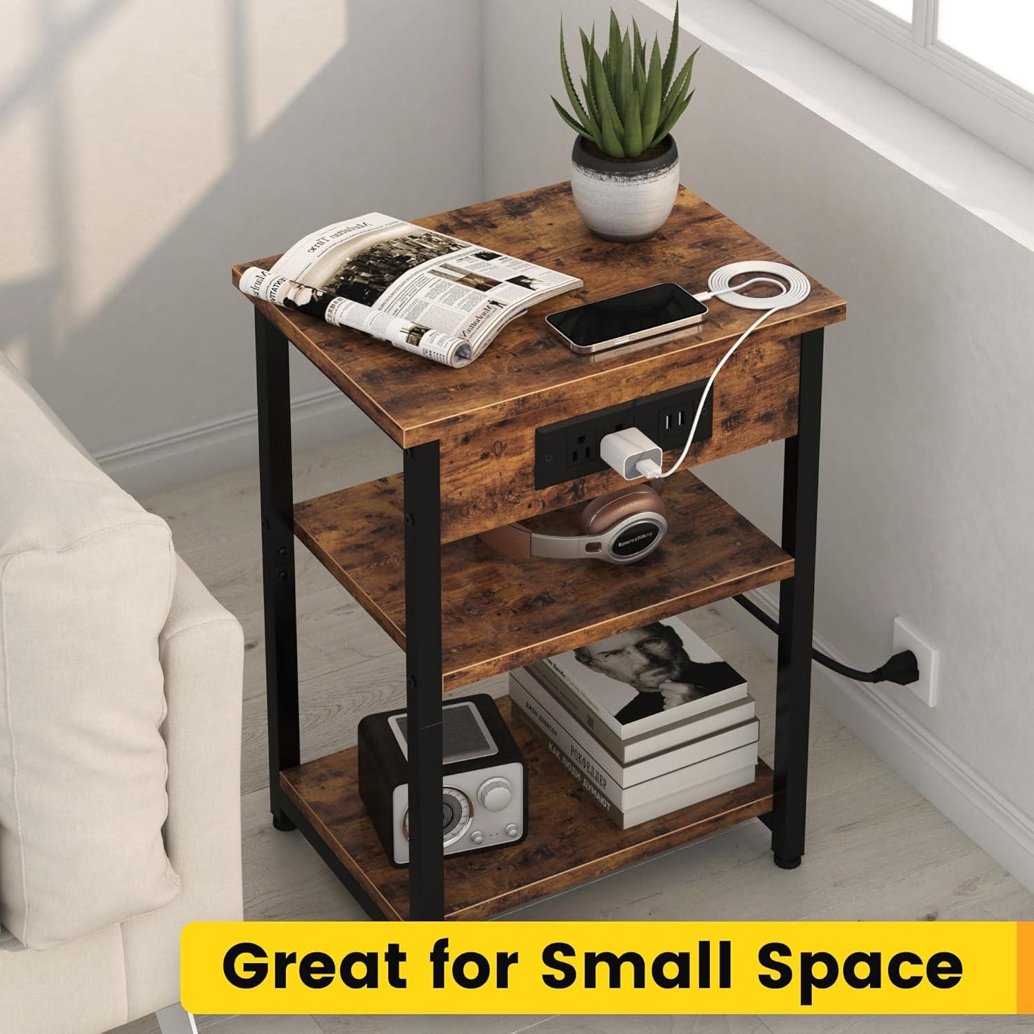 Rustic Brown 3-Tier End Tables with USB Charging Station