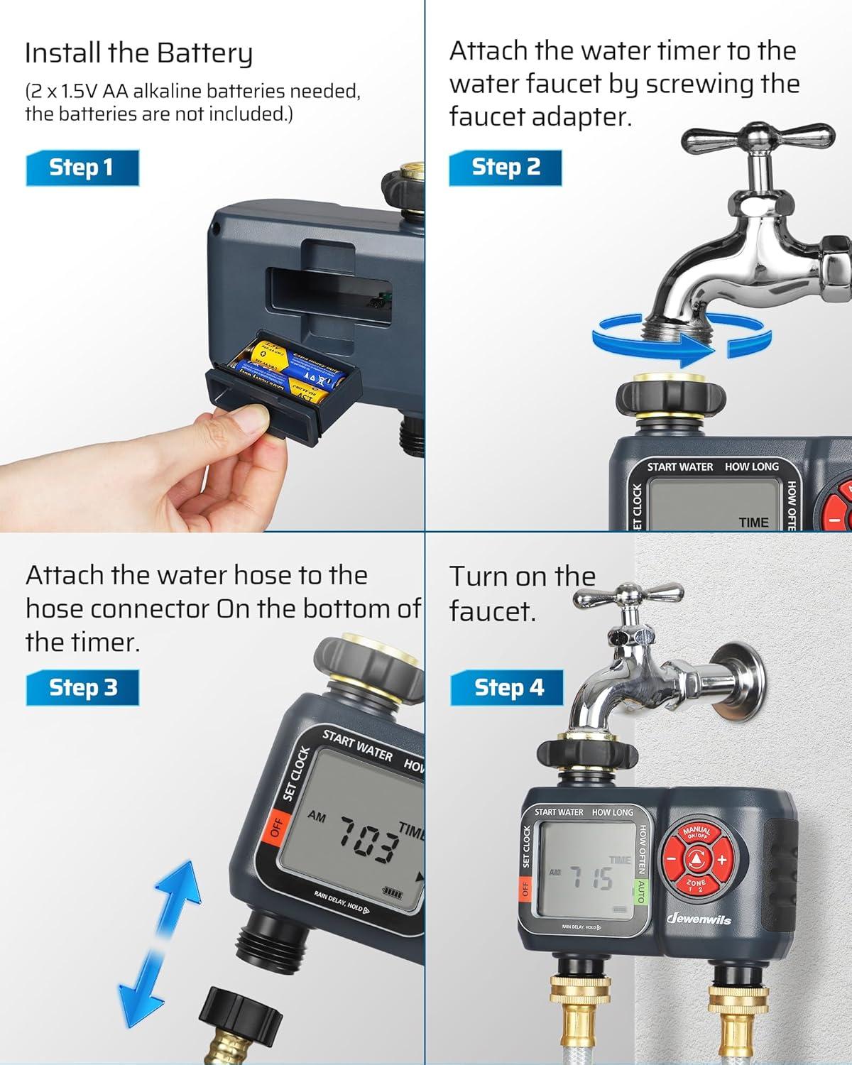 DEWENWILS Water Timer 2 Zone, Hose Timer with Rain Delay/Manual Watering/Automatic Sprinkler Irrigation Timer, Programmable Outdoor Faucet Timer for Garden, Yard, Lawn