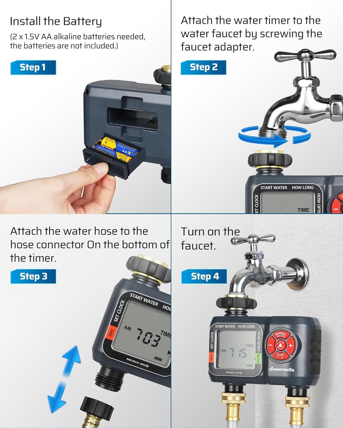 DEWENWILS Sprinkler Timer 2 Zone, Water Hose Timer with Rain Delay/Manual Watering/Automatic Irrigation Timer, Programmable Outdoor Faucet Timer for Garden, Yard, Lawn