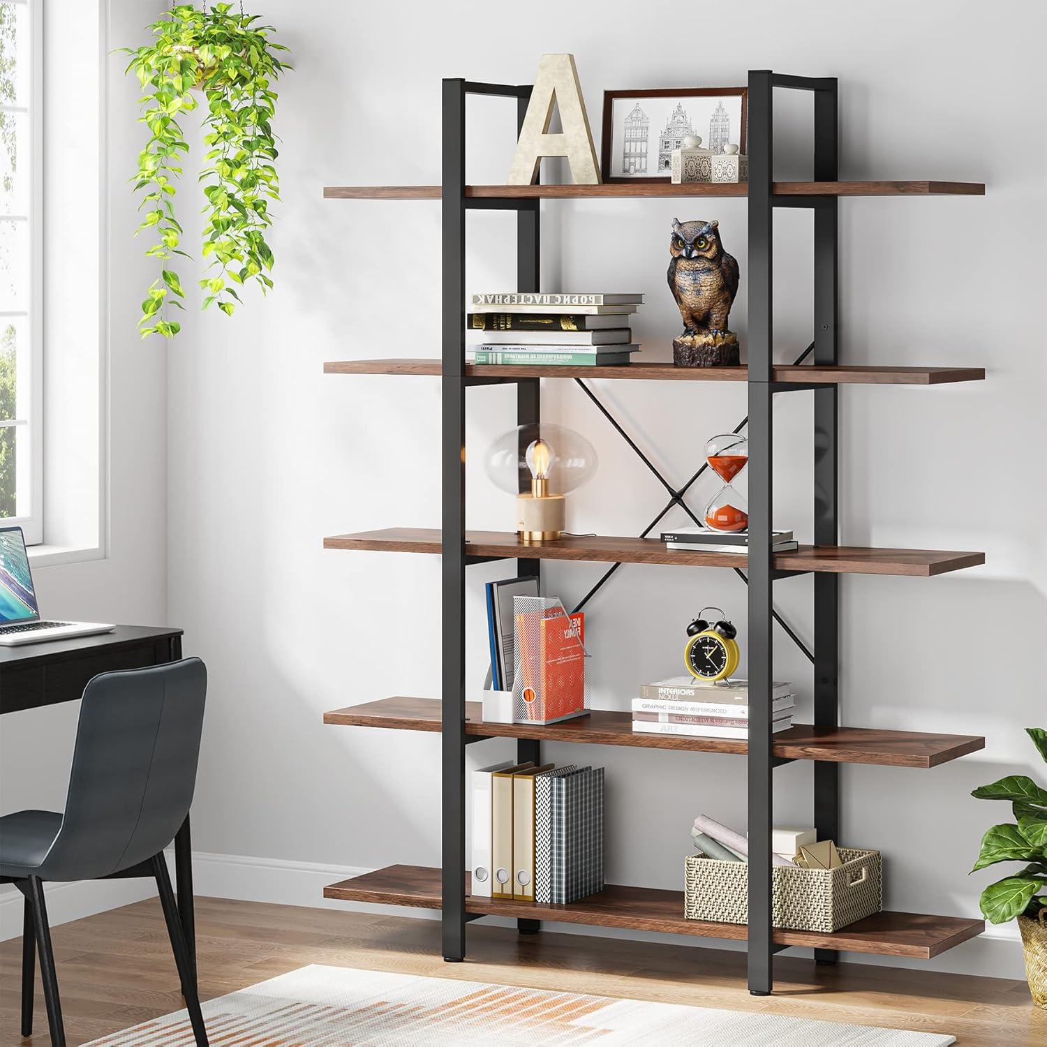 Tribesigns 5-Tier Retro Brown Metal Frame Industrial Bookshelf