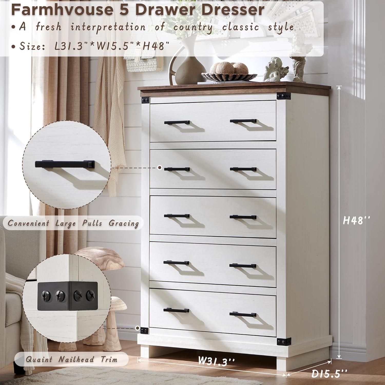 OKD Farmhouse 5 Drawers Dresser for Bedroom, Wood Tall Chest of Drawers with Thick Plank Styling, Rustic Closet Dresser for Bedroom, Living Room, Antique White