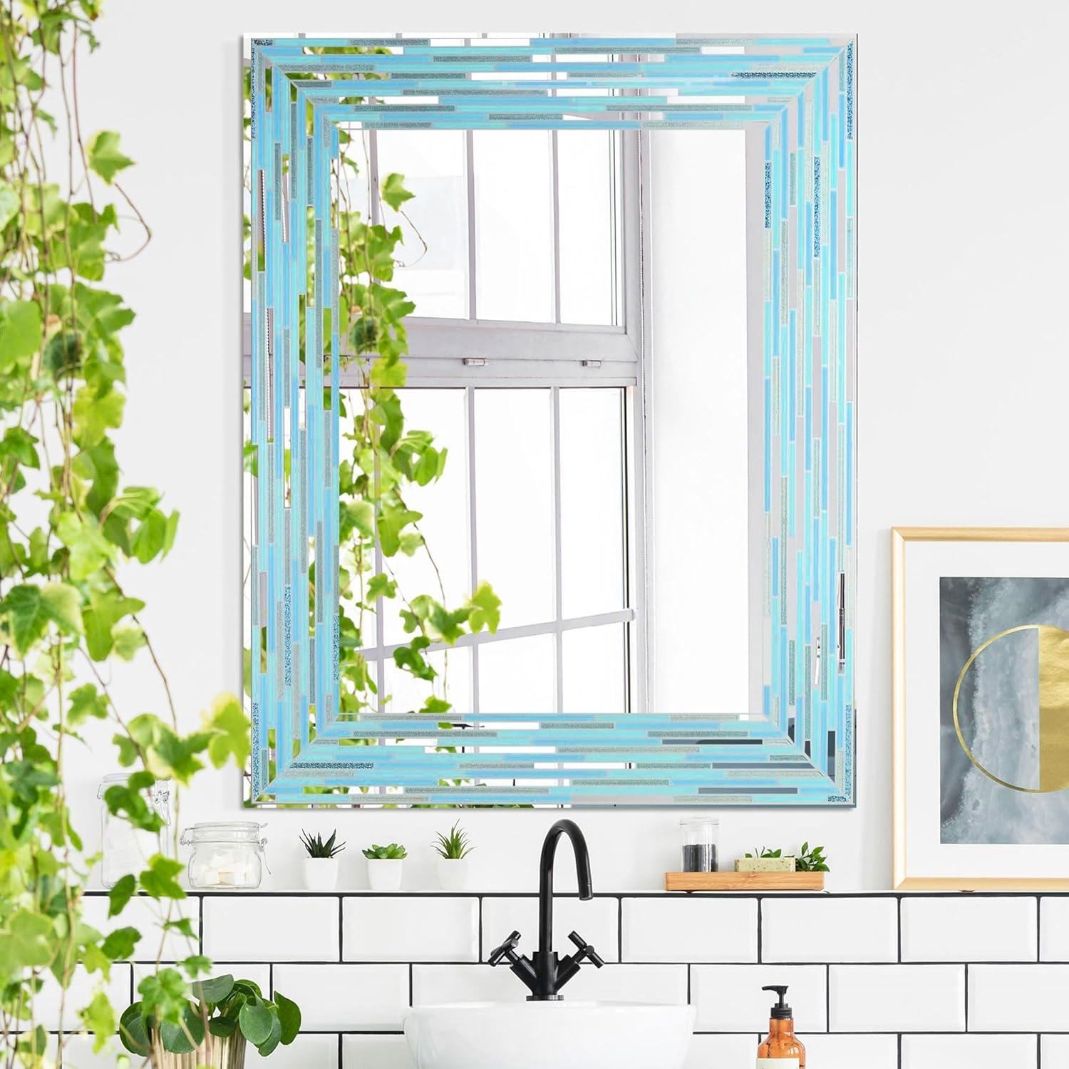 Head West Mosaic Printed Reeded Tiled Sea Glass Aqua Blue Wall Mirror for Bathroom 24x30"