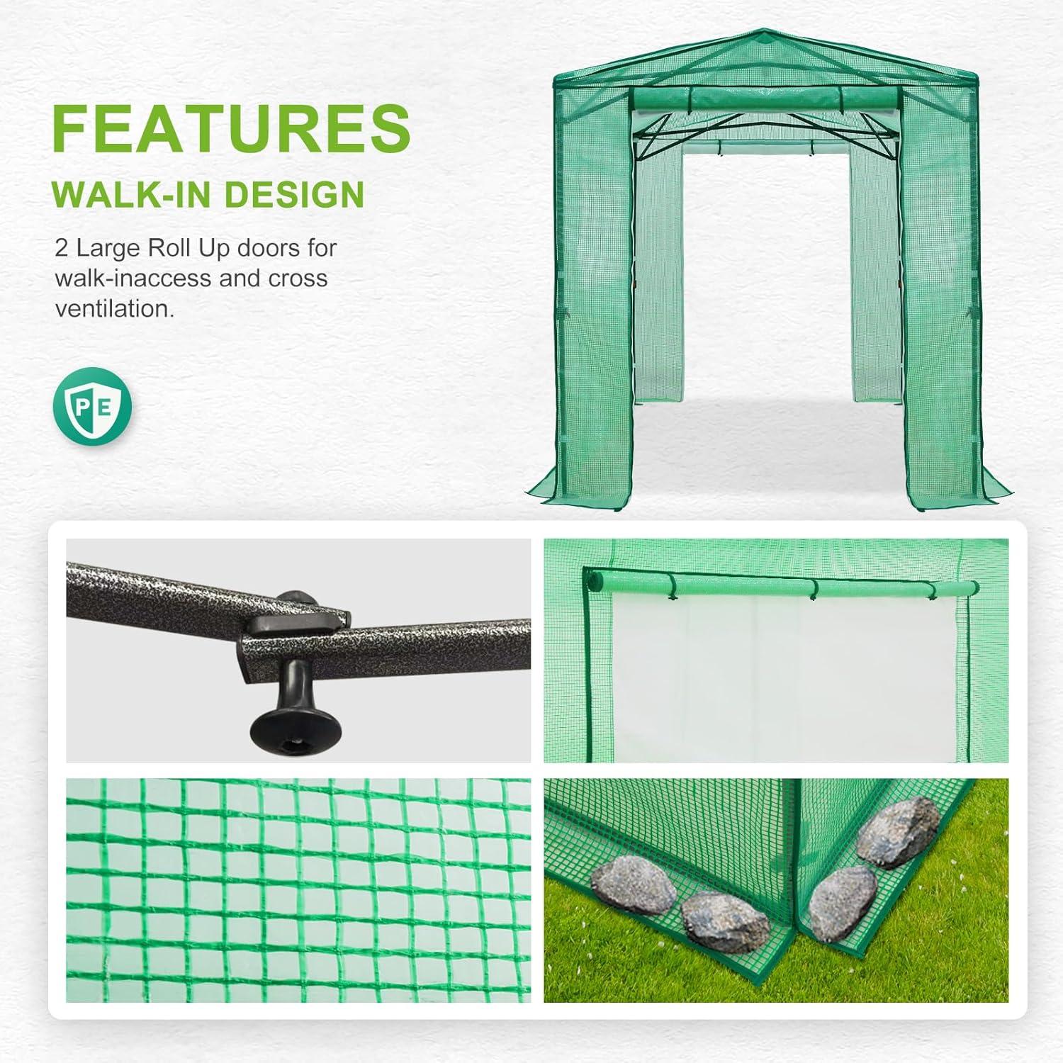 EAGLE PEAK 8x6 Portable Walk-in Greenhouse Instant Pop-up Indoor Outdoor Plant Gardening Green House Canopy with Dual Roll-up Zipper PE Door & Upgraded Screen Mesh Door, Green