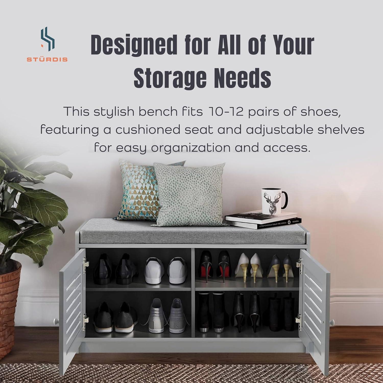 Sturdis Modern Shoe Storage Bench w/ Adjustable Shelves & Cushioned Seat